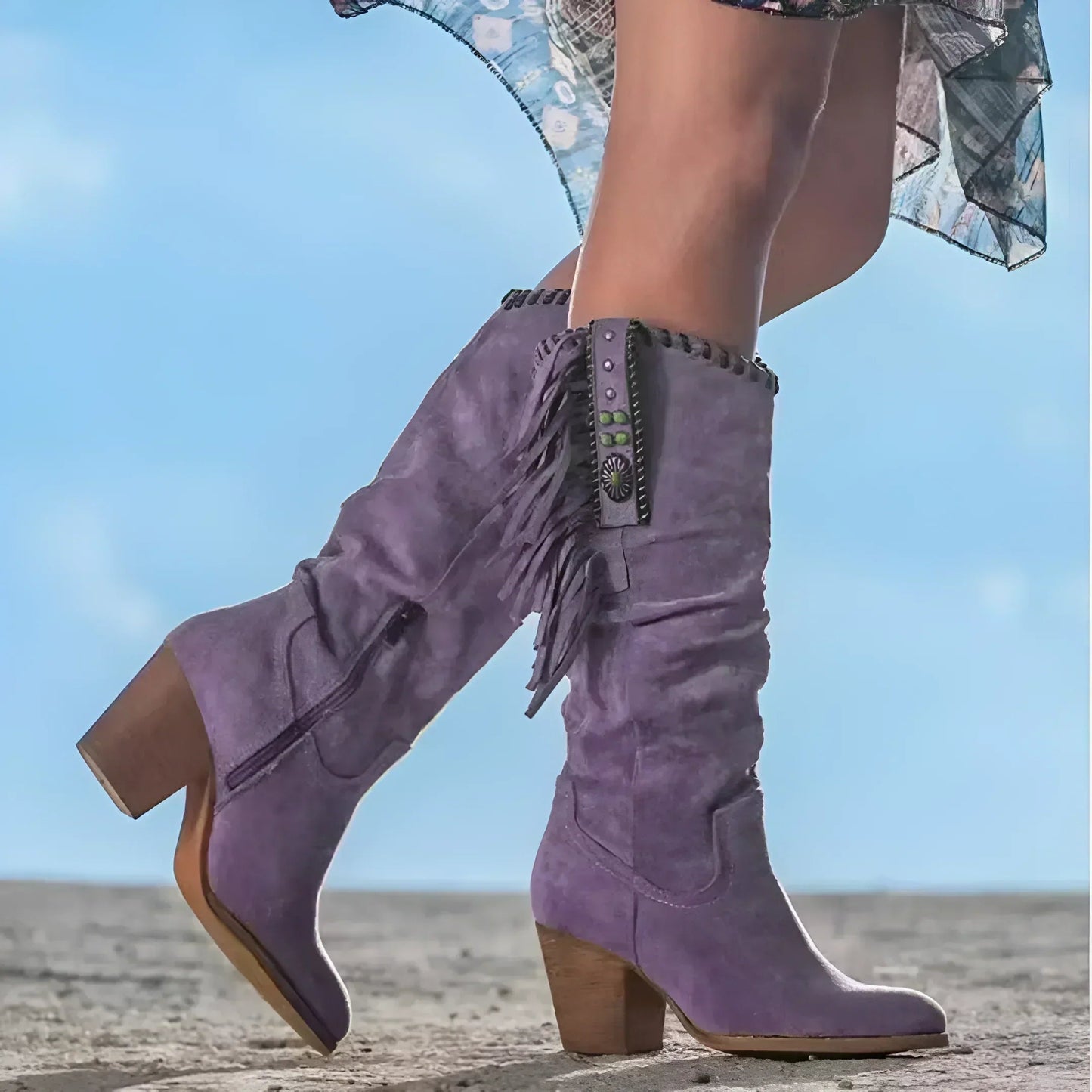 Joanna | Zemleren Laarzen met Blokhak – Boho Western Stijl