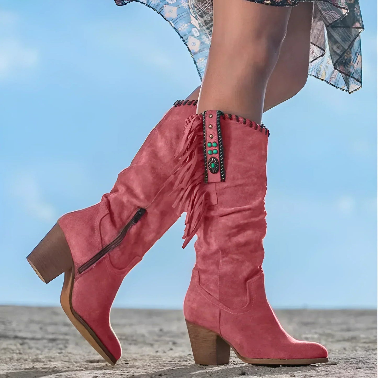 Joanna | Zemleren Laarzen met Blokhak – Boho Western Stijl