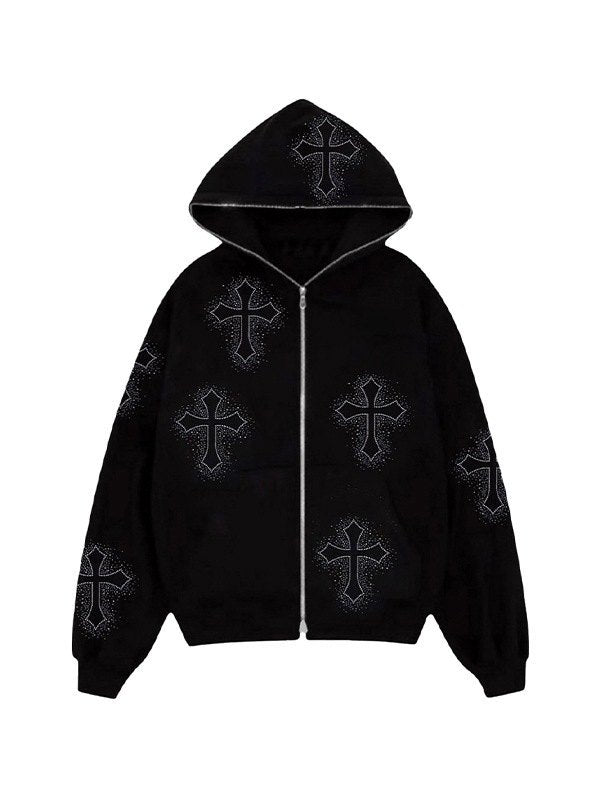 Patty | Zwarte Polyester Hoodie met Strass Kruisdetail