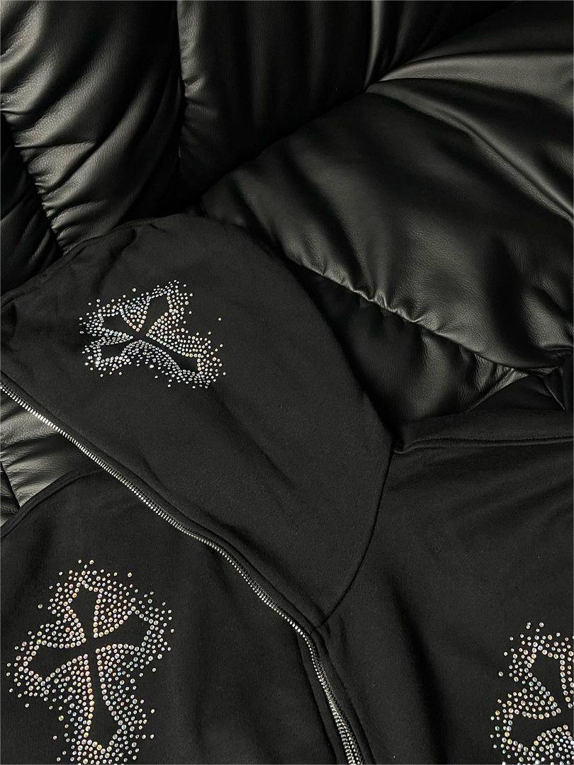 Patty | Zwarte Polyester Hoodie met Strass Kruisdetail