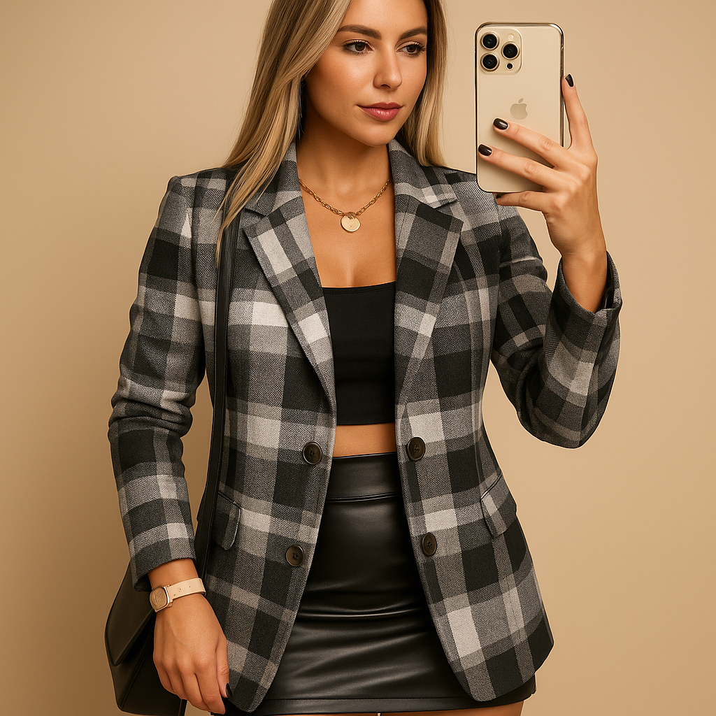 Lilia | Lange gewatteerde damesblazer met ruitpatroon