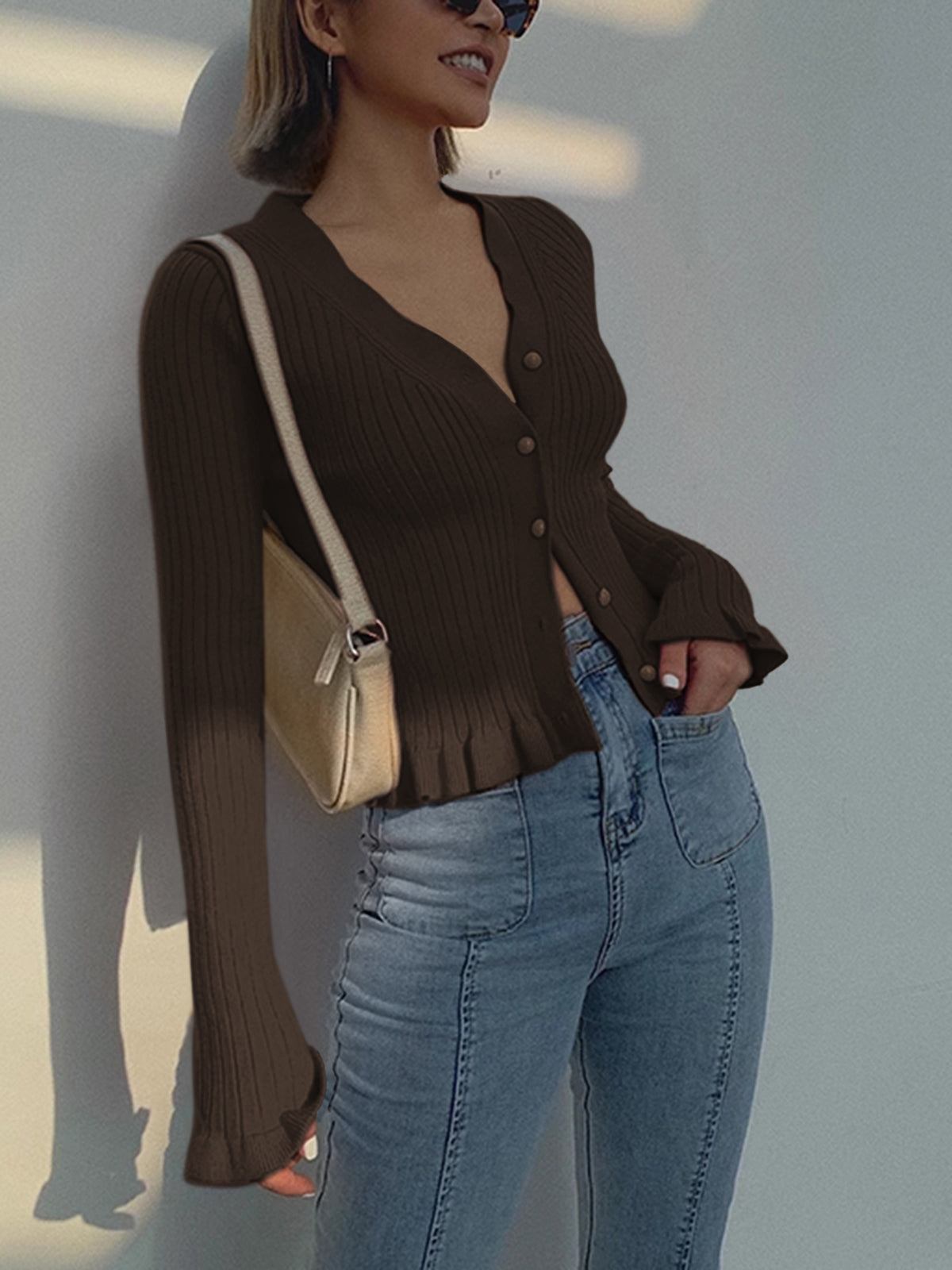 Fariana | Dames cardigan met rimpelrand en parelsluiting