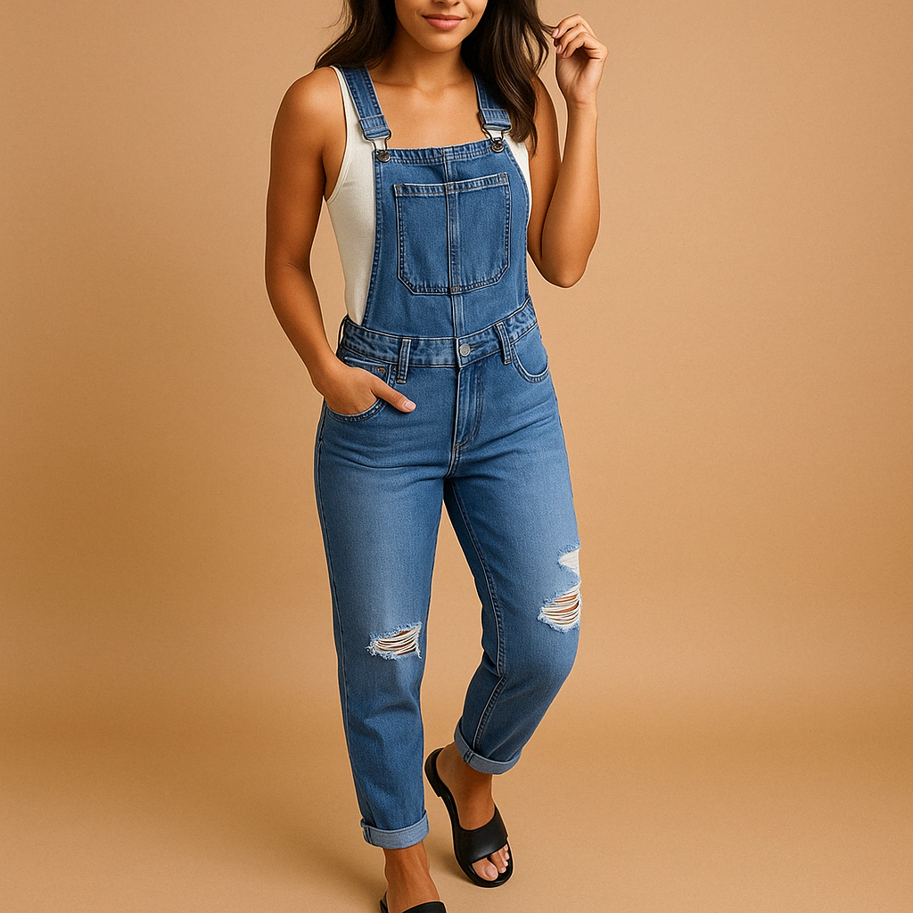 MAISY | Ripped denim overall met verstelbare bandjes voor dames