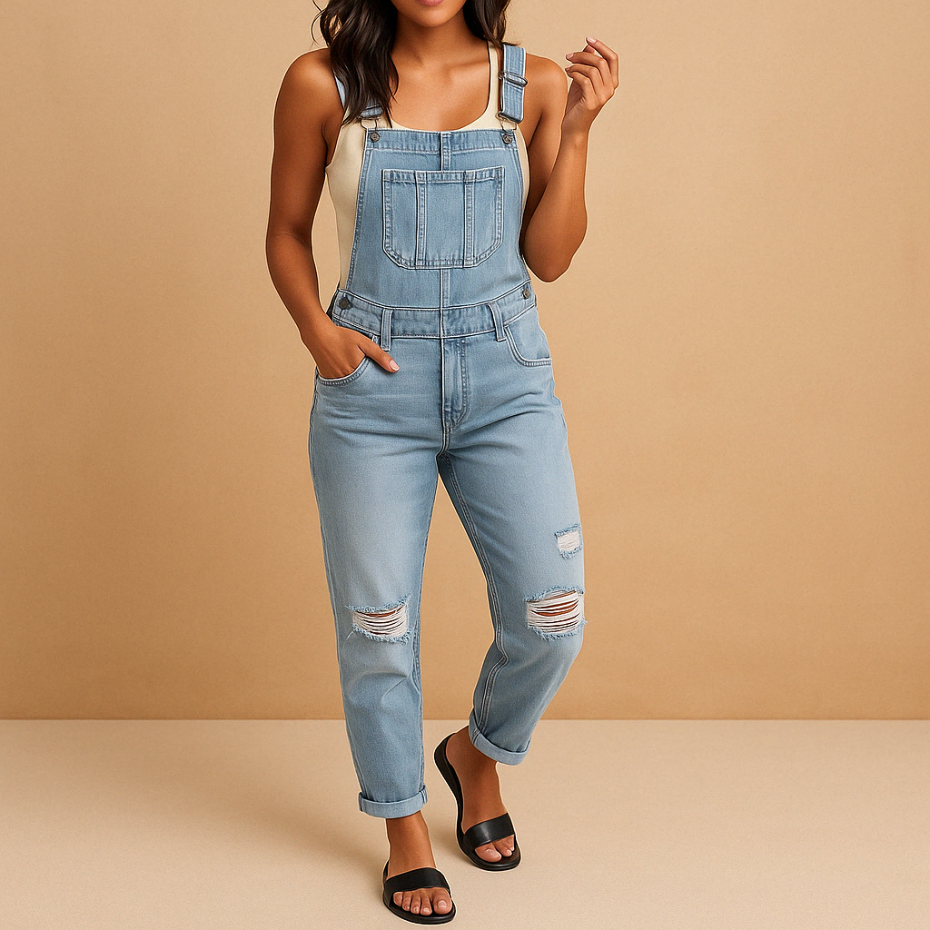 MAISY | Ripped denim overall met verstelbare bandjes voor dames