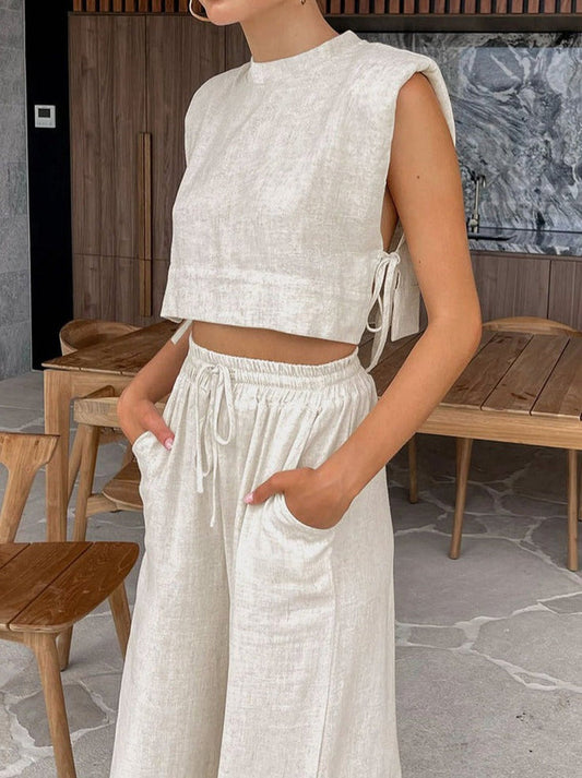 Laurene | Zomers Tweedelig Dames Setje met Cropped Top en Wijde Broek