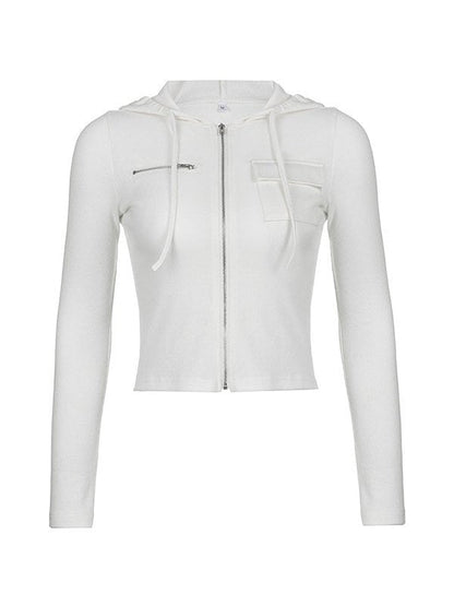 Mozy | Geribde Katoen Stretch Top met Ritssluiting en Capuchon