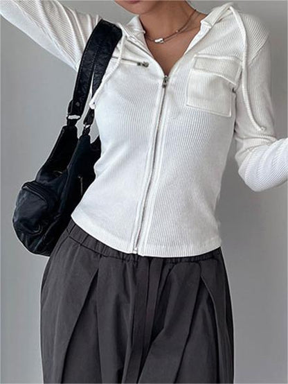 Mozy | Geribde Katoen Stretch Top met Ritssluiting en Capuchon