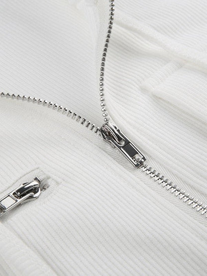 Mozy | Geribde Katoen Stretch Top met Ritssluiting en Capuchon