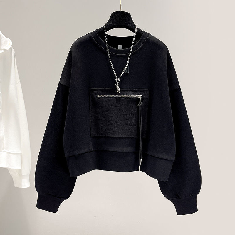 2025 Autumn New Personalized Pocket Long-sleeved Round Neck Sweatshirt for Women Korean Short Loose Versatile Top