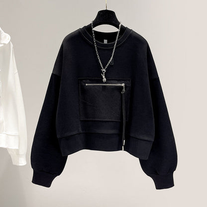 2025 Autumn New Personalized Pocket Long-sleeved Round Neck Sweatshirt for Women Korean Short Loose Versatile Top