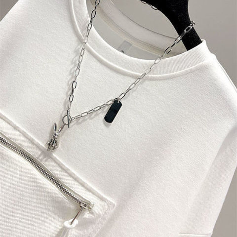 2025 Autumn New Personalized Pocket Long-sleeved Round Neck Sweatshirt for Women Korean Short Loose Versatile Top