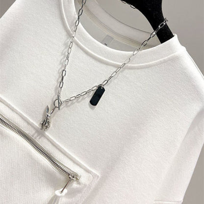 2025 Autumn New Personalized Pocket Long-sleeved Round Neck Sweatshirt for Women Korean Short Loose Versatile Top