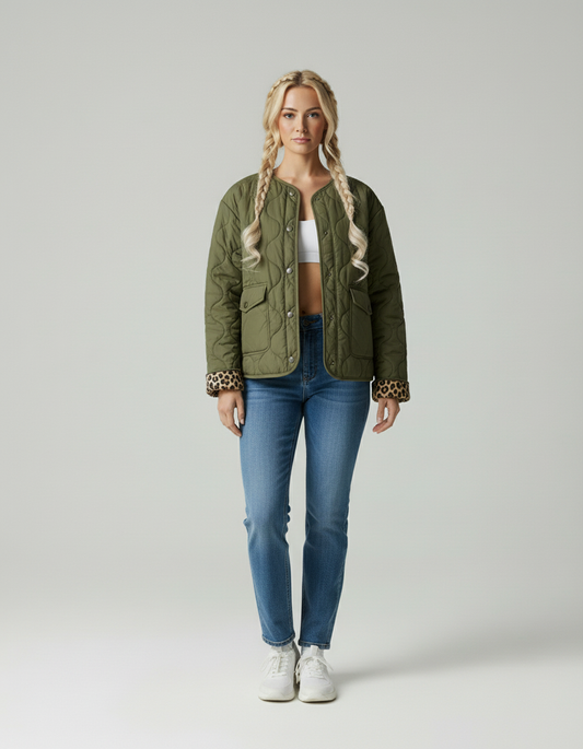 Myla | Stijlvolle Elegante Gewatteerde Jas van Luxe Stof met Leopard Manchetten