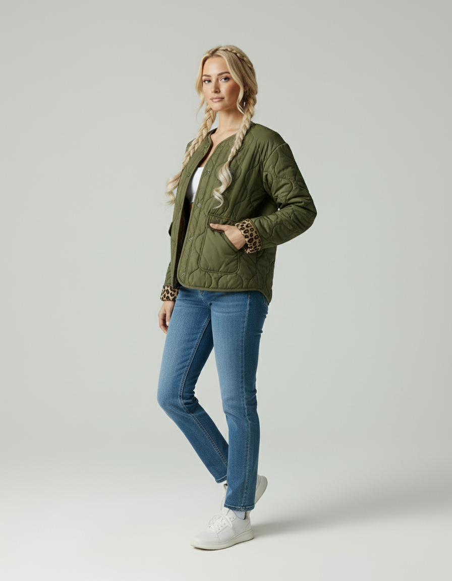 Myla | Stijlvolle Elegante Gewatteerde Jas van Luxe Stof met Leopard Manchetten
