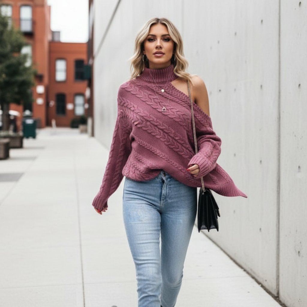 Amelie | Exclusieve Wool Blend Kabeltrui met Eén Schouder