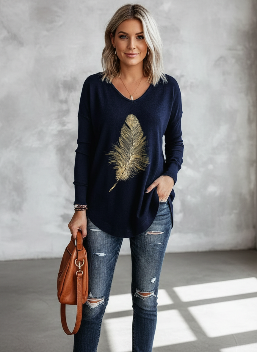 Drew | Dames Trui – Zachte Brei – Relaxte Pasvorm – V-Hals – Veer Grafisch – Lange Mouw