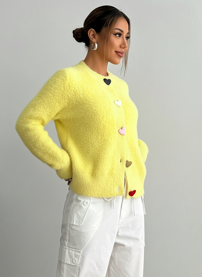 Kaily | Dames Vest – Pluizige Gebreide Stijl – Hartknopen – Geel