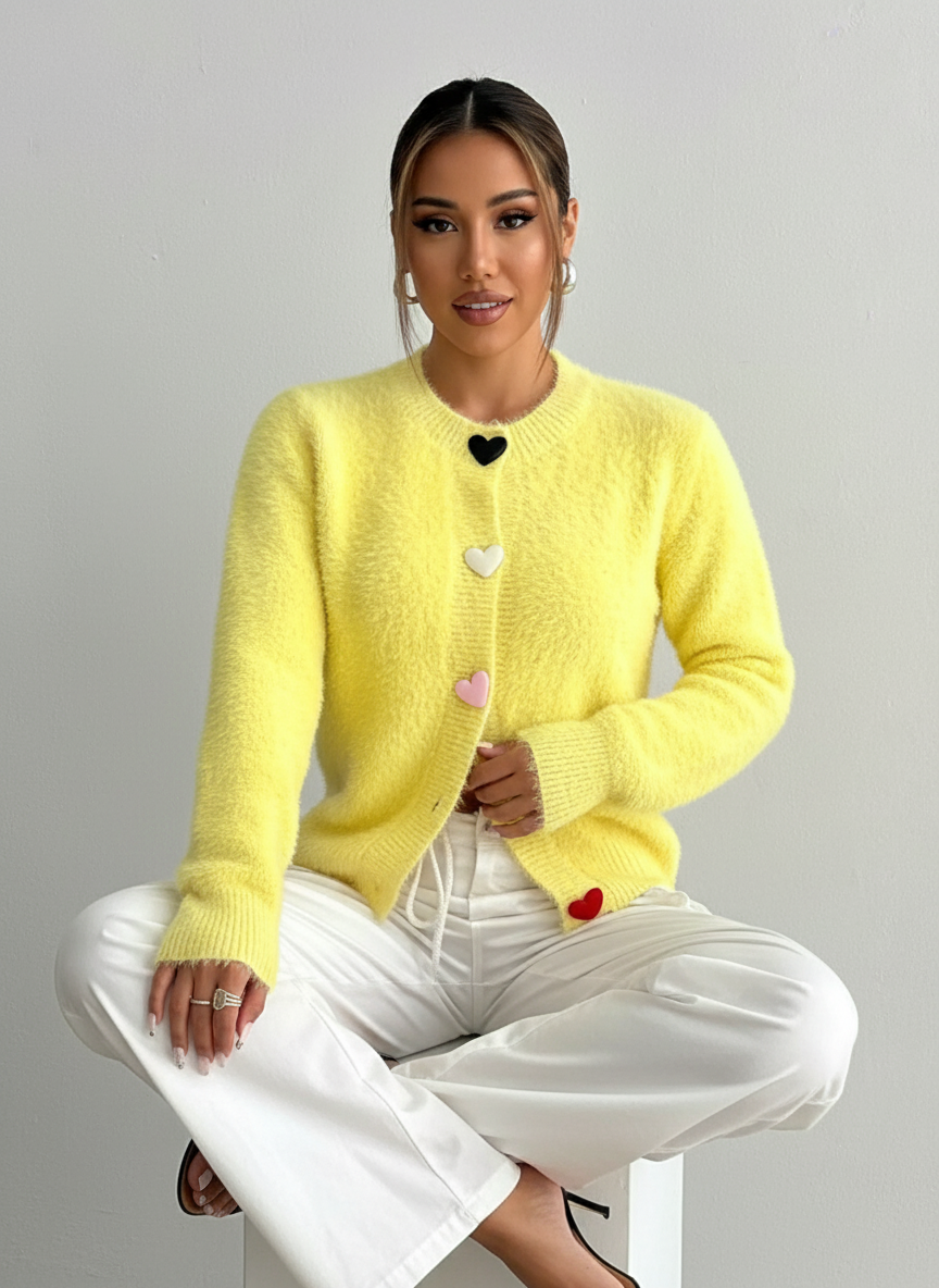Kaily | Dames Vest – Pluizige Gebreide Stijl – Hartknopen – Geel