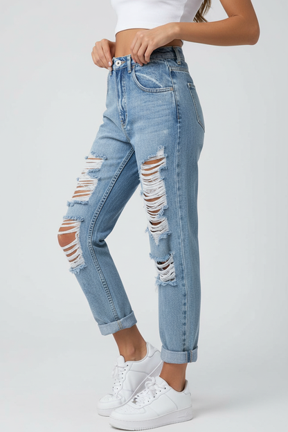 Linda | Dames Jeans met Wijde Pijpen en Distressed Look