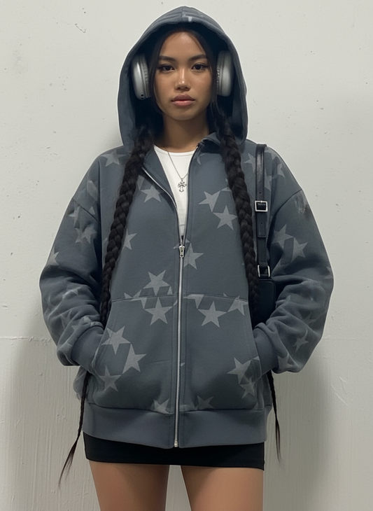 Pita | Oversized Grijze Ster Hoodie met Ritssluiting van Polyester