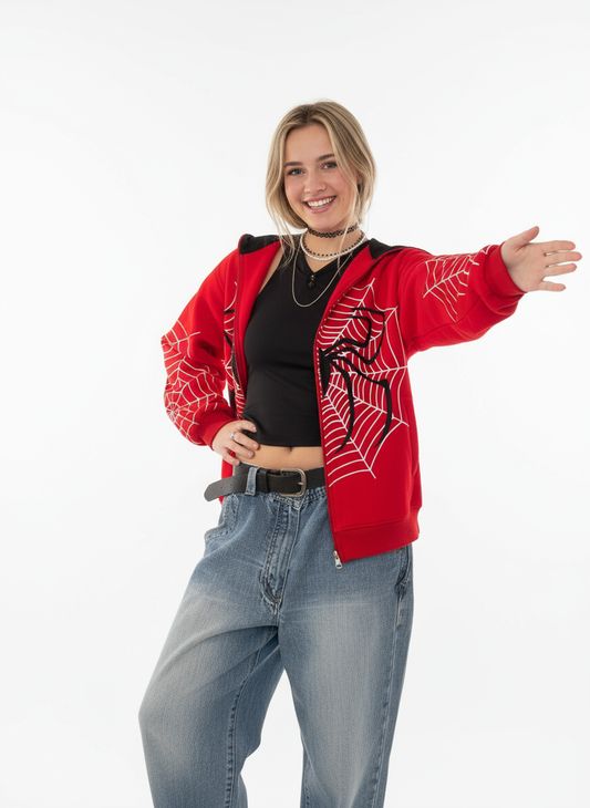 Mary-Jane | Rode Spiderweb Hoodie van Katoenmix met Rits