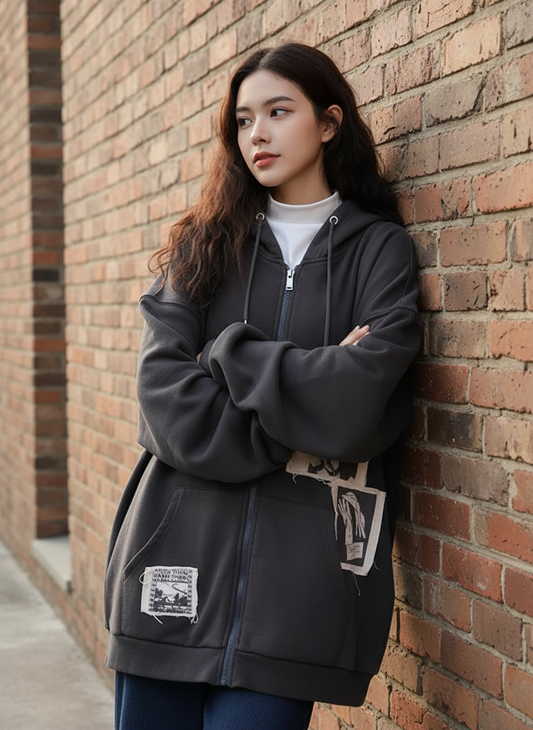 Kami | Losvallende Katoenen Hoodie met Grafische Patches