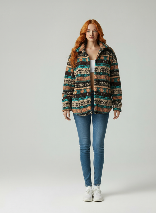 Sonya | Dames Fleece Jack – Relaxte Pasvorm – Tribaal Patroon