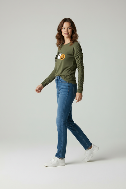 Grace | Groen Halloween BOO Print Lange Mouwen Shirt met Duimgaten