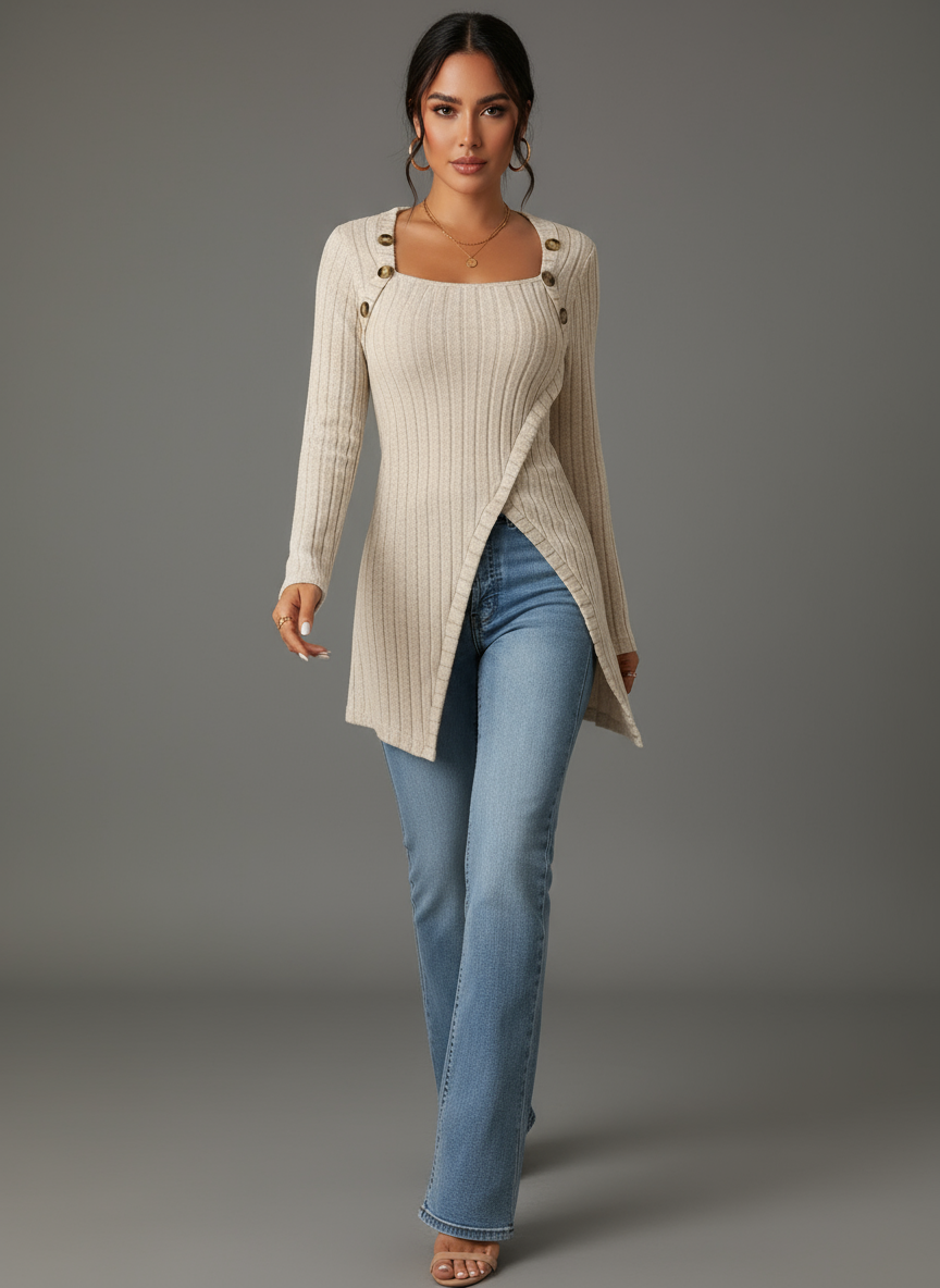Giselle | Ribgebreide Tuniek met Asymmetrische Zoom