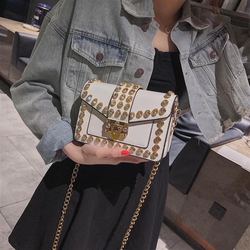 Rhinestone rivet chain bag shoulder bag - Trendha