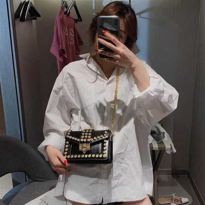 Rhinestone rivet chain bag shoulder bag - Trendha