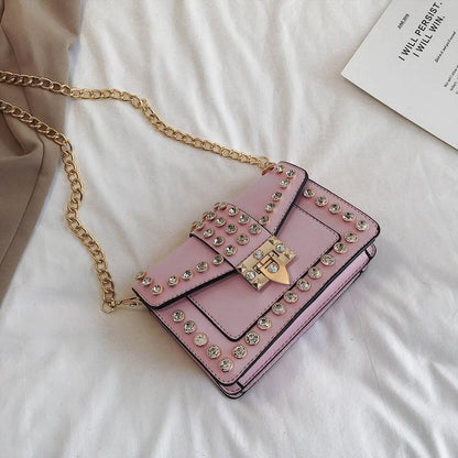 Rhinestone rivet chain bag shoulder bag - Trendha