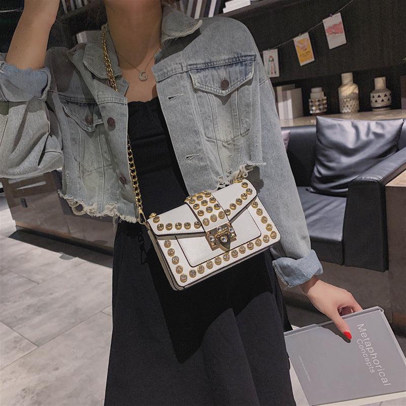 Rhinestone rivet chain bag shoulder bag - Trendha