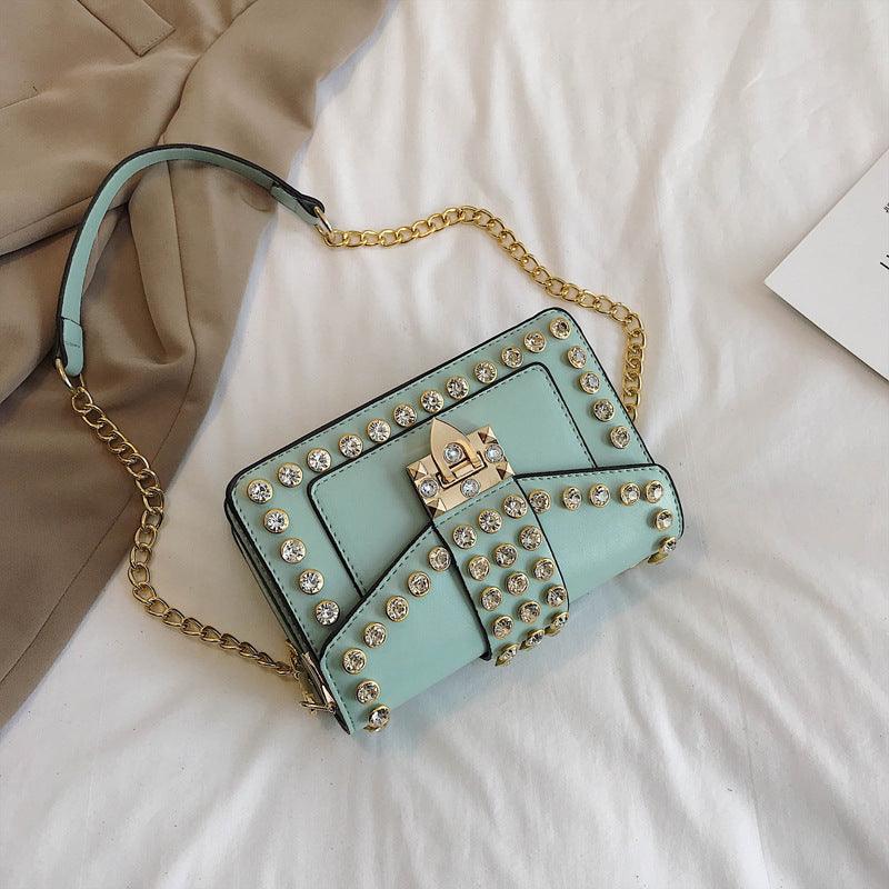 Rhinestone rivet chain bag shoulder bag - Trendha
