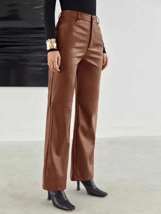 Aletta - Dames Leren Broek met Hoge Taille en Wijde Pijpen