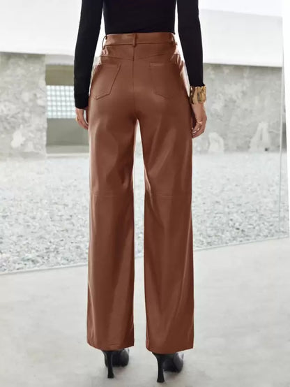 Aletta - Dames Leren Broek met Hoge Taille en Wijde Pijpen