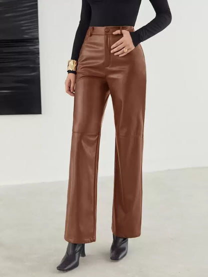 Aletta - Dames Leren Broek met Hoge Taille en Wijde Pijpen