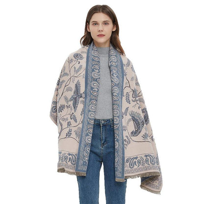 Ivana | Luxe Gebreide Sjaal in Beige en Blauw met Paisley