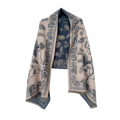 Ivana | Luxe Gebreide Sjaal in Beige en Blauw met Paisley
