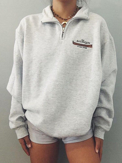 Merel | Grijze Polyestermix Retro Sweatshirt met Ritssluiting