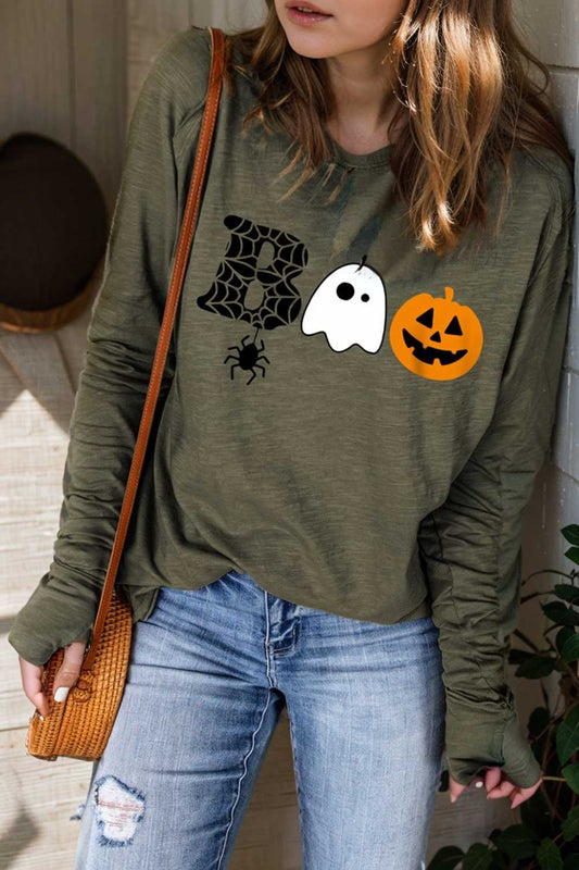 spooky halloween boo graphic print green long sleeve tee 143521