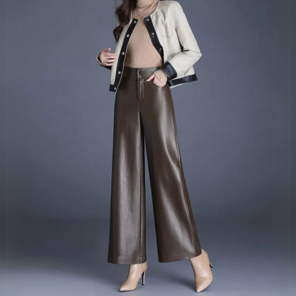 Gemmy | Wide Leg Damesbroek Imitatieleer Hoog Taille