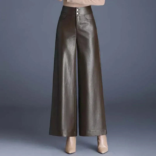 Gemmy | Wide Leg Damesbroek Imitatieleer Hoog Taille