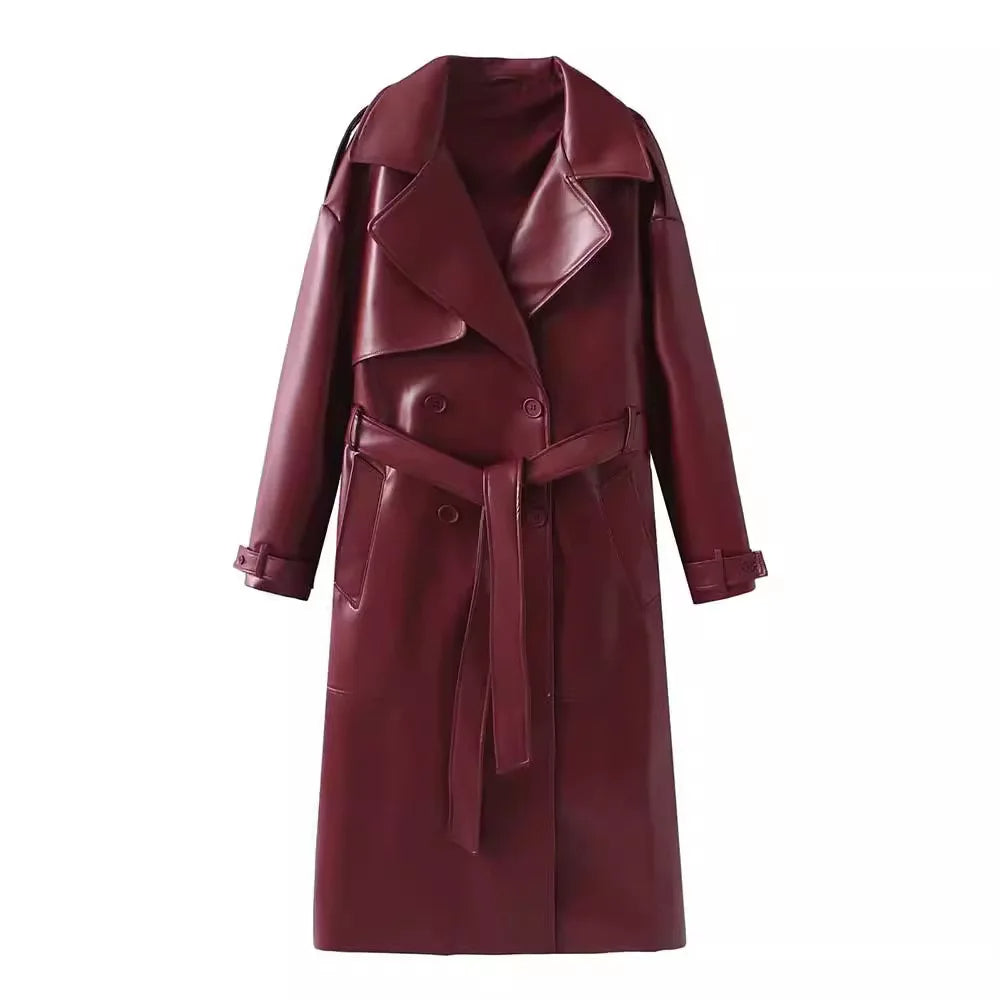 PEARL – Bordeauxrode Faux Leather Coat met Retro Silhouet
