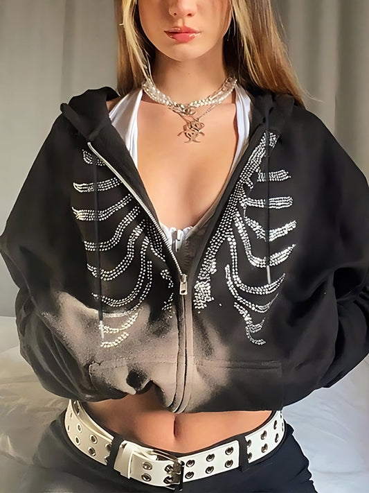 Liane | Zwarte Katoenmix Hoodie met Strass Schedel | Julie Mae