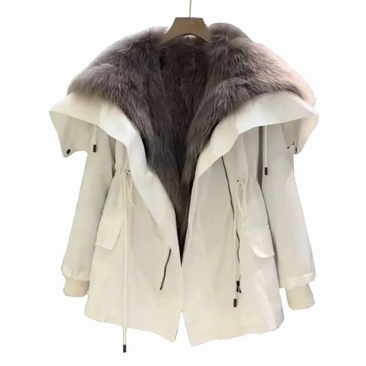 Rielle | Luxe Parka met Grijze Bontkraag – Witte Winterjas