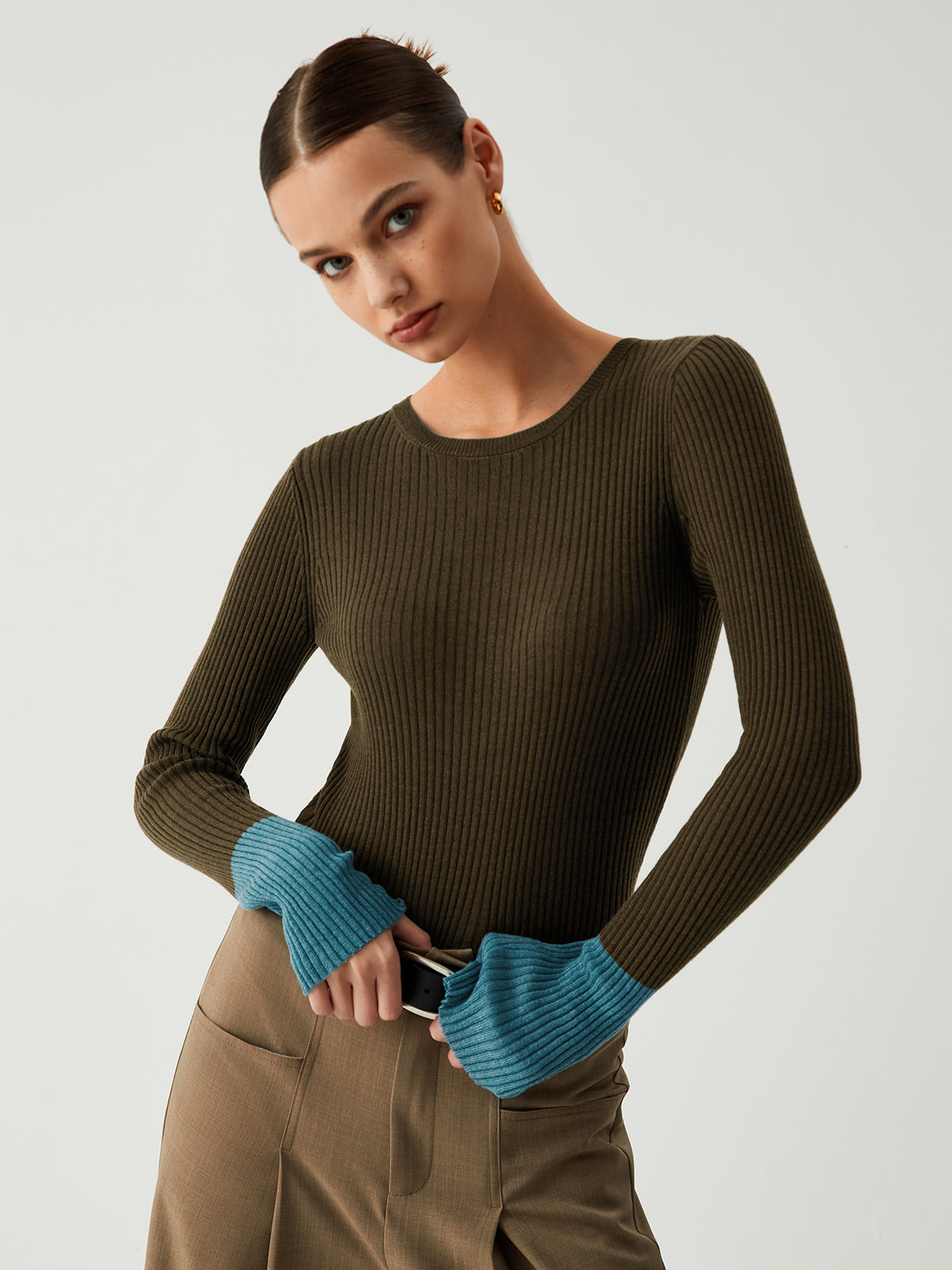 Gracie | Slim Fit Gebreide Top voor Dames met Contrastmouwen