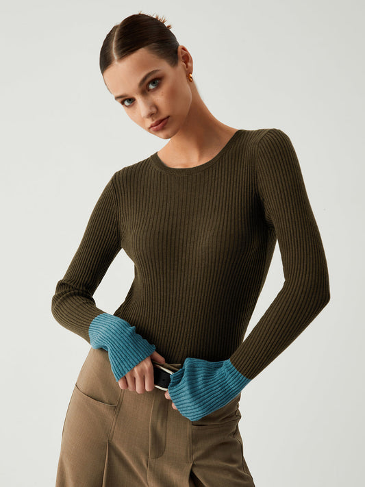 Gracie | Slim Fit Gebreide Top voor Dames met Contrastmouwen