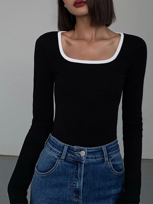 Vera | Stretch Jersey Top met Lange Mouwen Contrast Halslijn