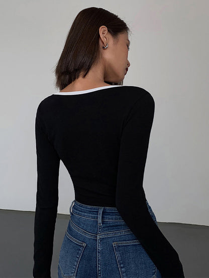 Vera | Stretch Jersey Top met Lange Mouwen Contrast Halslijn